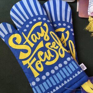 Tabitha Brown Stay Focused Blue & Goldenrod Oven Mitt NEW